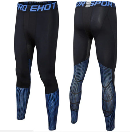 Black and blue compression leggings with patterned design on a white background