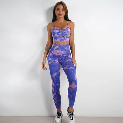 Women Tie-dye Print Yoga Suit Women Fitness Sports High Waist Trousers Or Shorts Set - Anam Online
