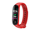 Red fitness tracker with digital display on a white background