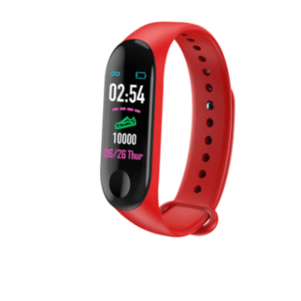 Red fitness tracker with digital display on a white background