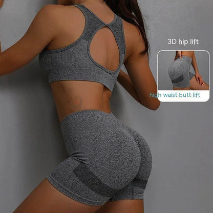 2pcs Sports Fitness Yoga Suit Breathable Hip-lifting Shorts And Hollow Out Back Bra Women Clothing - Anam Online