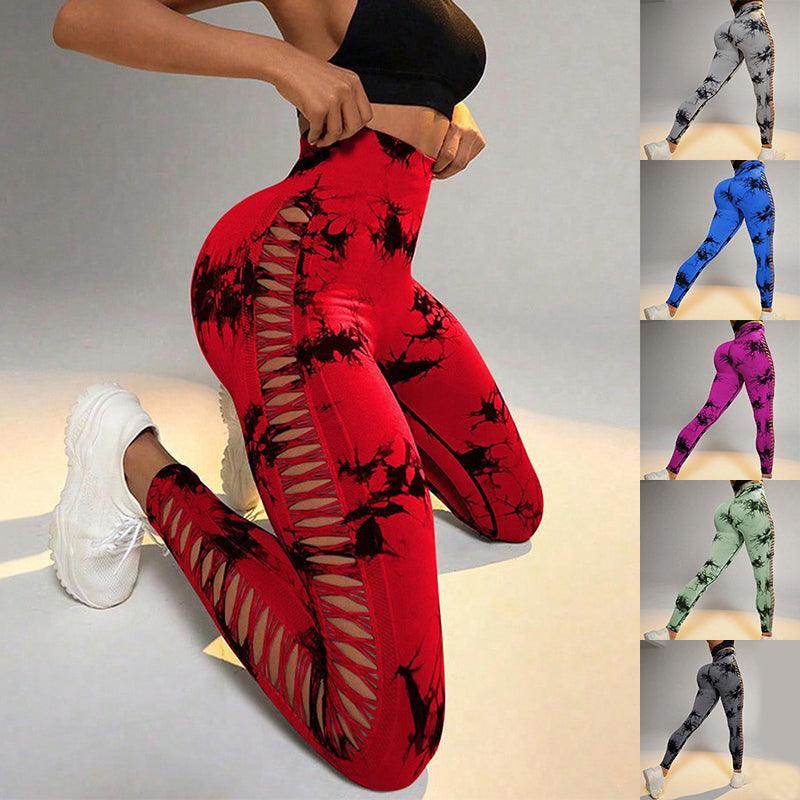 Hollow Tie Dye Printed Yoga Pants High Waist Butt Lift Seamless Sports Gym Fitness Leggings Slim Pants For Women Tight Trousers - Anam Online