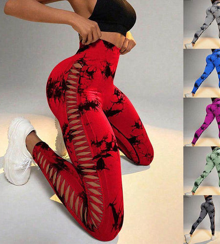 Hollow Tie Dye Printed Yoga Pants High Waist Butt Lift Seamless Sports Gym Fitness Leggings Slim Pants For Women Tight Trousers - Anam Online