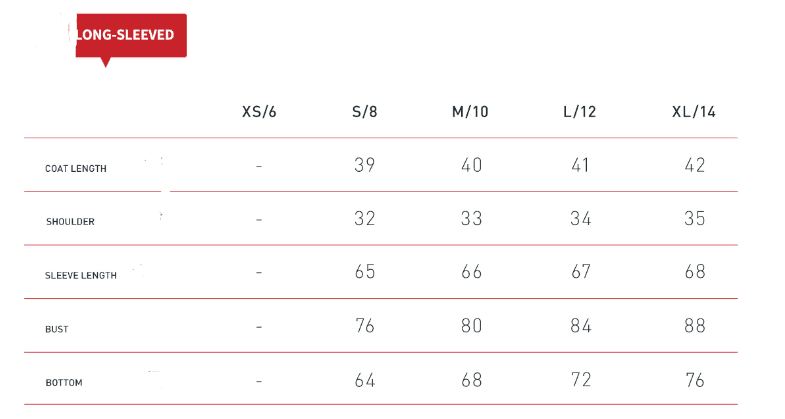 Measurement chart for long-sleeve garments with size labels and dimensions.