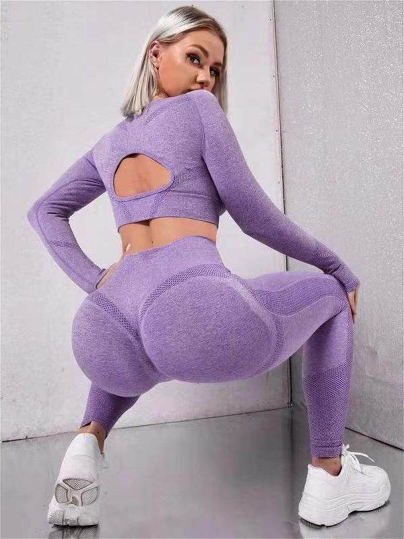 2pcs Sports Suits Long Sleeve Hollow Design Tops And Butt Lifting High Waist Seamless Fitness Leggings - Anam Online