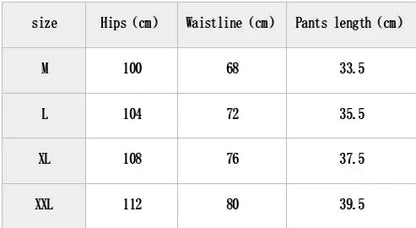 Table displaying clothing size chart with hips, waistline, and pants length measurements.