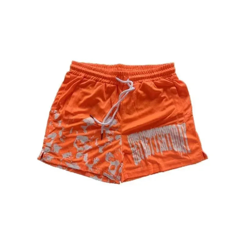 Orange shorts with white text on a white background
