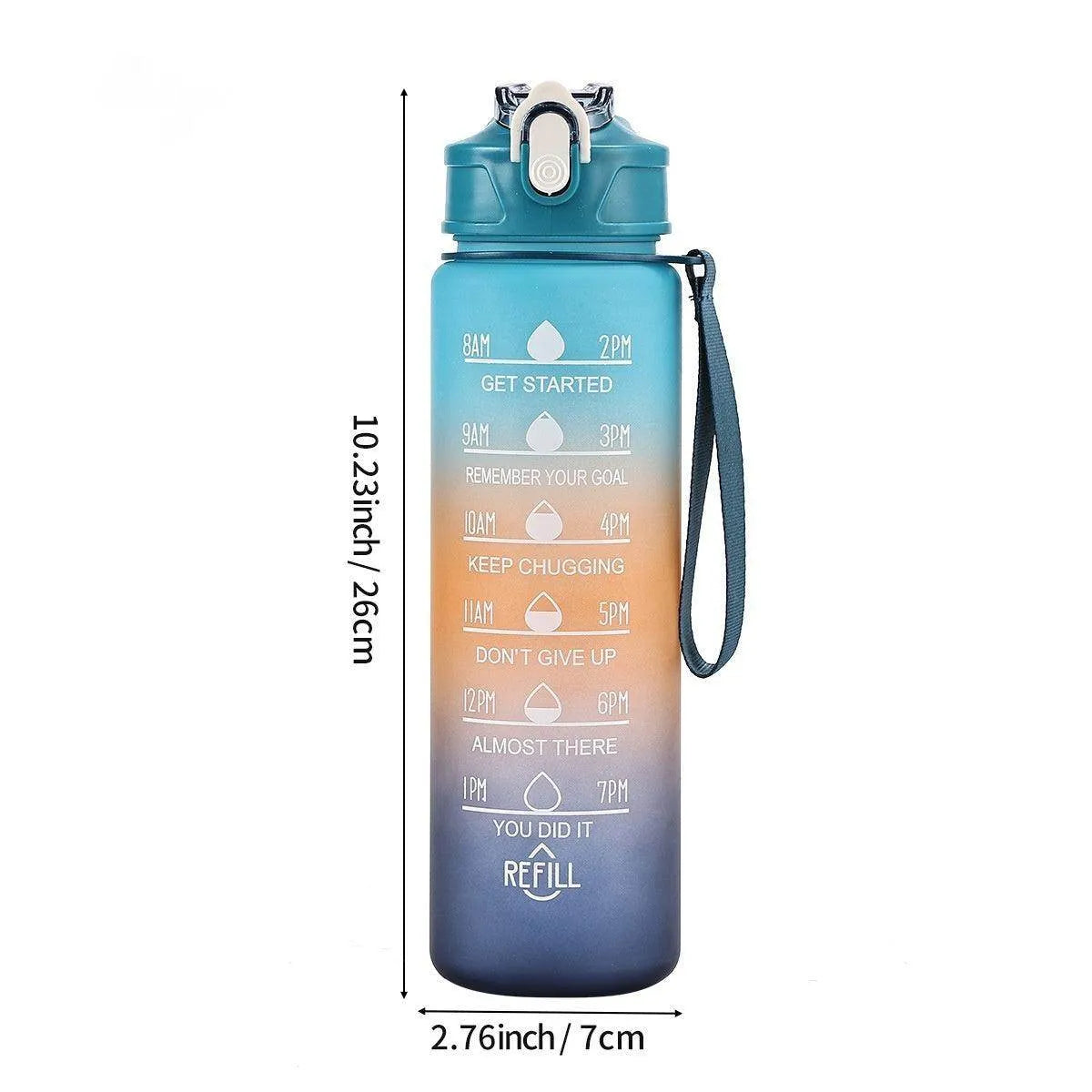 Gradient blue and orange water bottle with motivational text and measurements, on a white background.