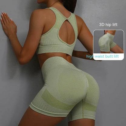 2pcs Sports Fitness Yoga Suit Breathable Hip-lifting Shorts And Hollow Out Back Bra Women Clothing - Anam Online