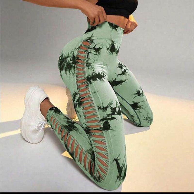 Hollow Tie Dye Printed Yoga Pants High Waist Butt Lift Seamless Sports Gym Fitness Leggings Slim Pants For Women Tight Trousers - Anam Online