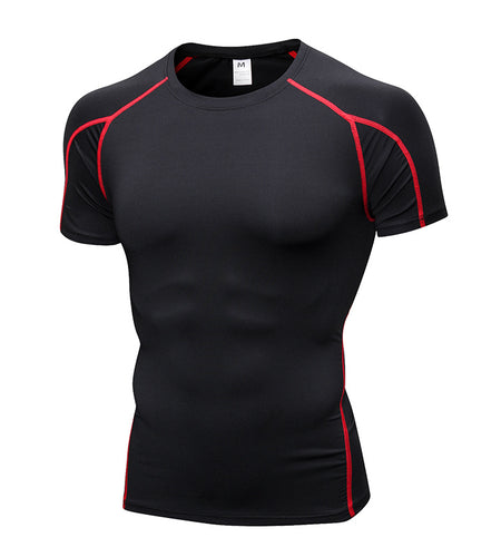Black athletic shirt with red accents on a white background
