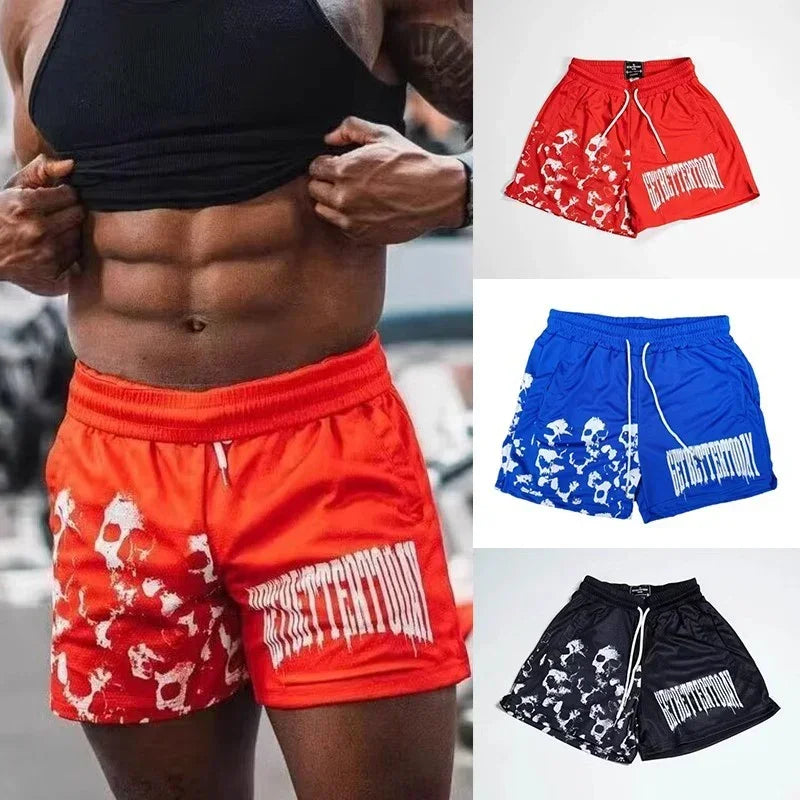 Red shorts with white graphics and text, displayed with a person wearing them.