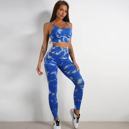 Women Tie-dye Print Yoga Suit Women Fitness Sports High Waist Trousers Or Shorts Set - Anam Online