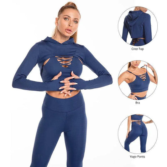 3pcs Sports Suits Long Sleeve Hooded Top Hollow Design Camisole And Butt Lifting High Waist - Anam Online