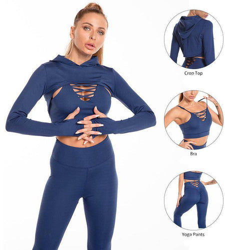 3pcs Sports Suits Long Sleeve Hooded Top Hollow Design Camisole And Butt Lifting High Waist - Anam Online