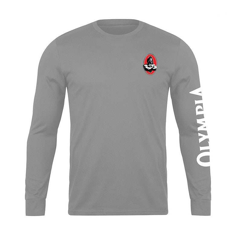 Gray long-sleeve shirt with a logo and text on a white background