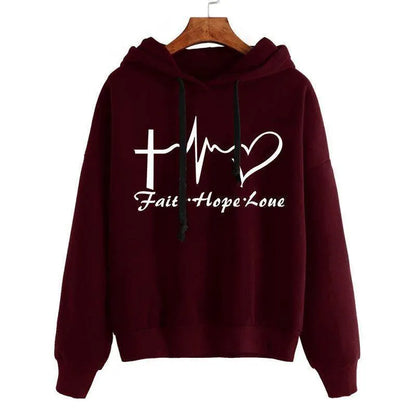 Maroon hoodie with 'Faith Hope Love' text and symbols on a white background