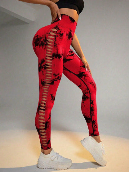 Hollow Tie Dye Printed Yoga Pants High Waist Butt Lift Seamless Sports Gym Fitness Leggings Slim Pants For Women Tight Trousers - Anam Online