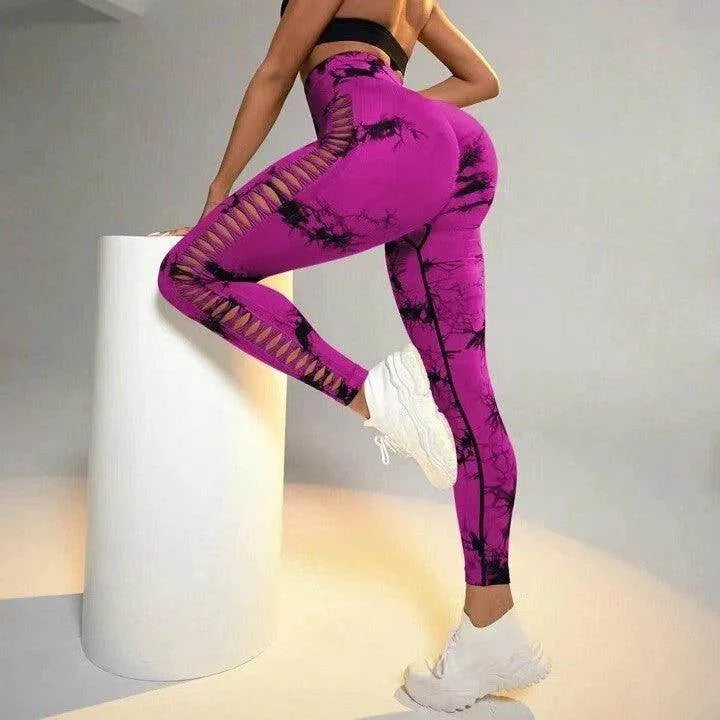 Hollow Tie Dye Printed Yoga Pants High Waist Butt Lift Seamless Sports Gym Fitness Leggings Slim Pants For Women Tight Trousers - Anam Online
