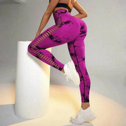Hollow Tie Dye Printed Yoga Pants High Waist Butt Lift Seamless Sports Gym Fitness Leggings Slim Pants For Women Tight Trousers - Anam Online