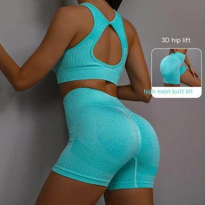 2pcs Sports Fitness Yoga Suit Breathable Hip-lifting Shorts And Hollow Out Back Bra Women Clothing - Anam Online