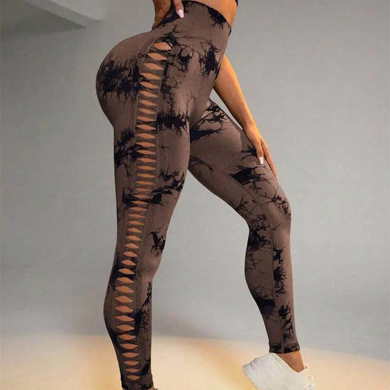 Hollow Tie Dye Printed Yoga Pants High Waist Butt Lift Seamless Sports Gym Fitness Leggings Slim Pants For Women Tight Trousers - Anam Online