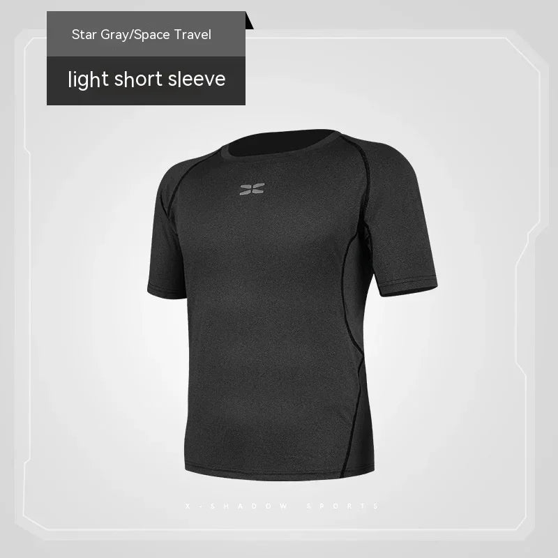 Black short-sleeve shirt on a light gray background