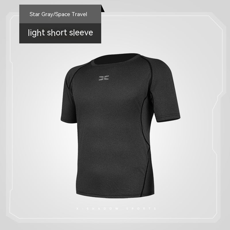 Black short-sleeve shirt on a light gray background