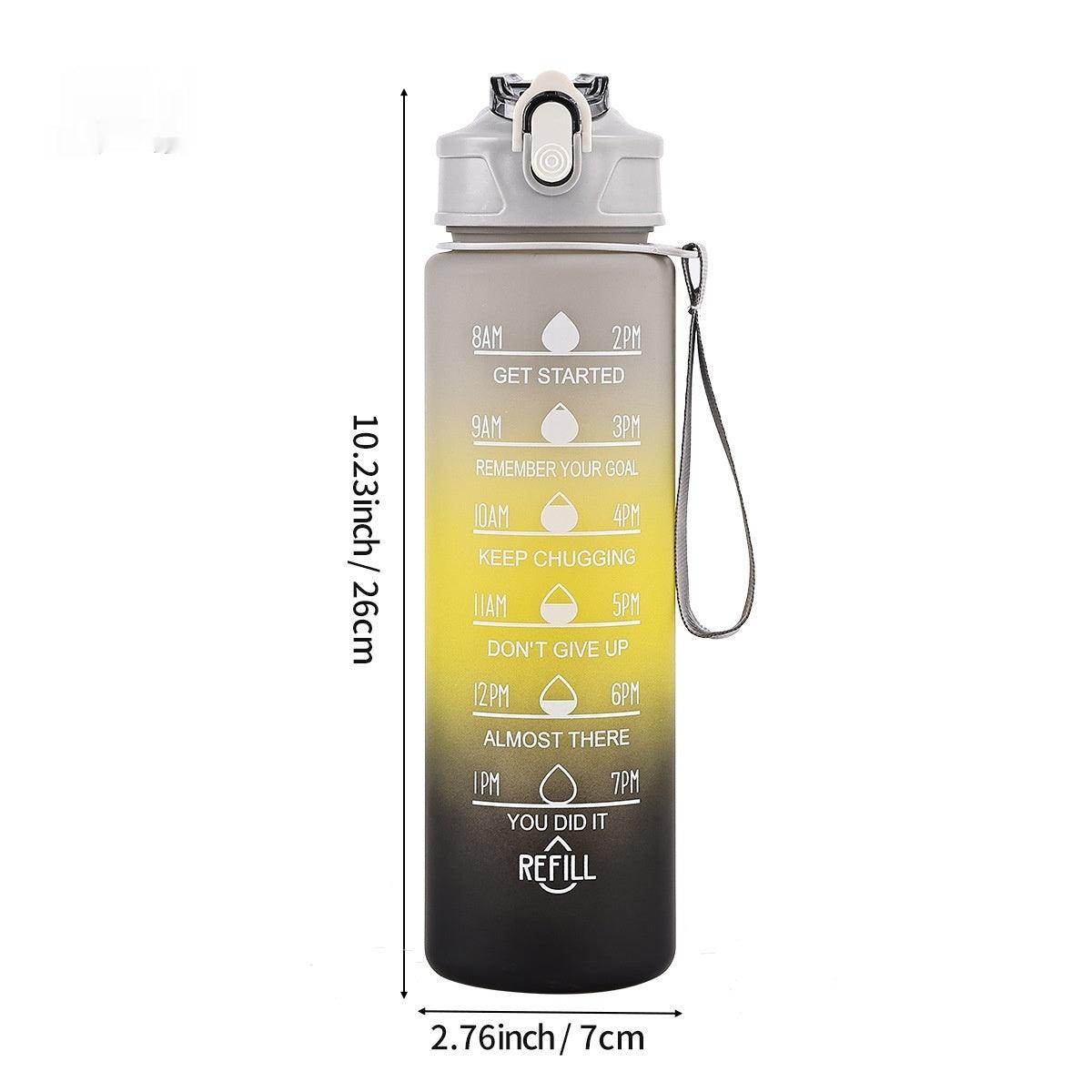 Gradient water bottle with motivational text and measurements on a white background