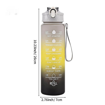 Gradient water bottle with motivational text and measurements on a white background