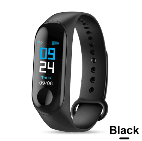 Black smartwatch with digital display on a white background