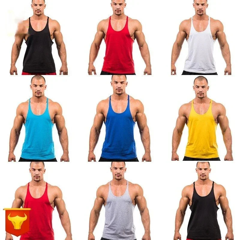 Grid of men wearing tank tops in various colors on a white background