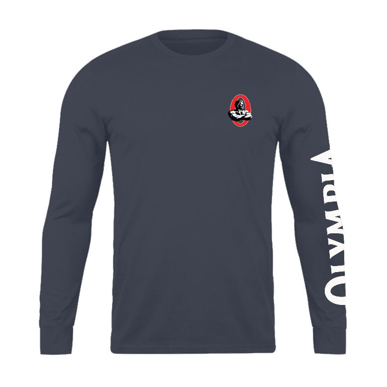 Navy long-sleeve shirt with a logo on the chest and 'Olympia' text on the sleeve against a white background