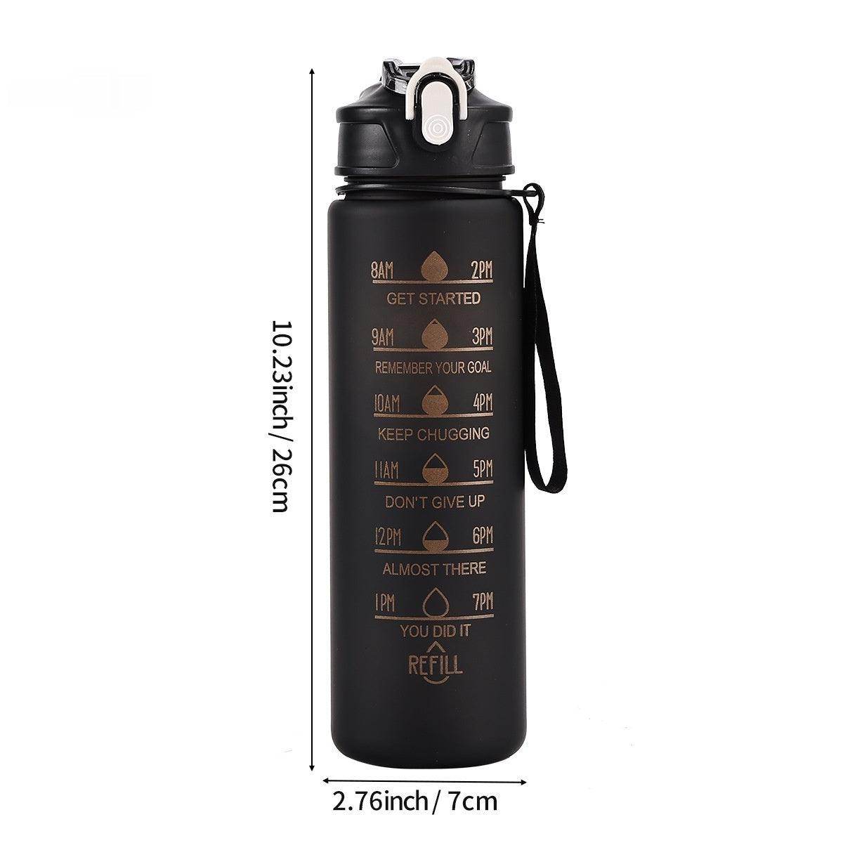 Black water bottle with motivational text and measurements on a white background
