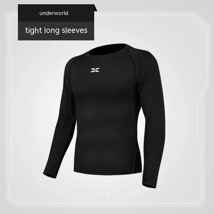 Black long-sleeve shirt with a brand logo on a light gray background