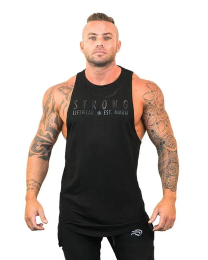 Man wearing a black tank top with 'STRONG LIFTWEAR' text on a white background