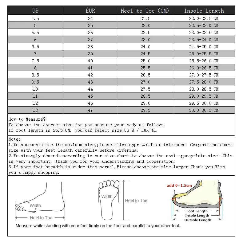 Shoe size chart with measurements in US, EUR, heel to toe, and insole length.