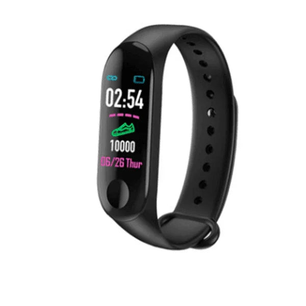 Black smartwatch with a digital display on a white background