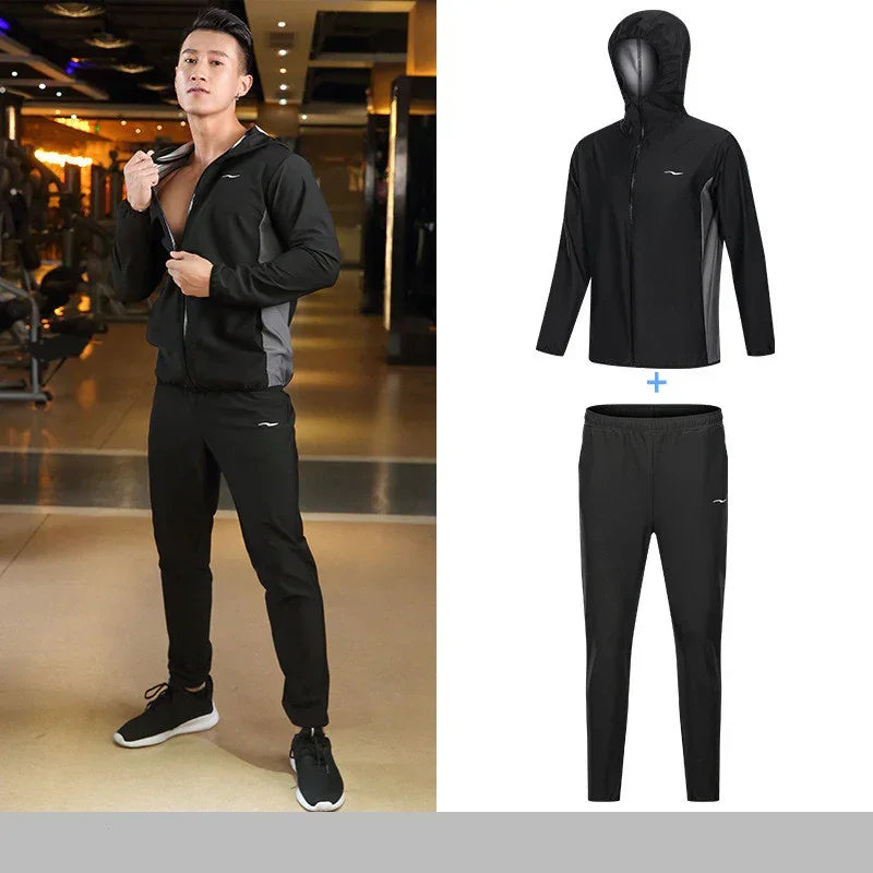 Person wearing a black tracksuit in a gym setting with an overlay of the tracksuit pieces on a white background.
