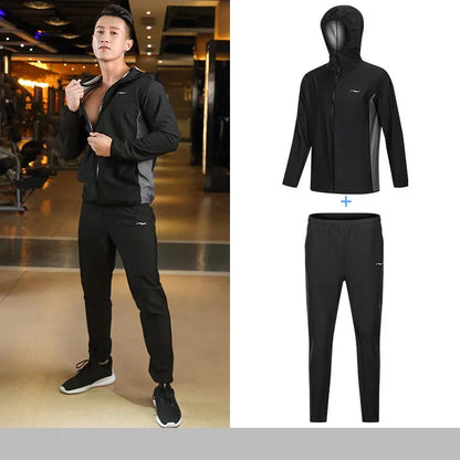 Person wearing a black tracksuit in a gym setting with an overlay of the tracksuit pieces on a white background.