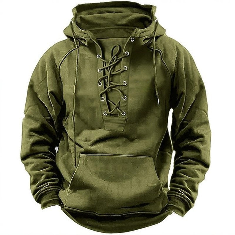 Green hoodie with lace-up front on a white background