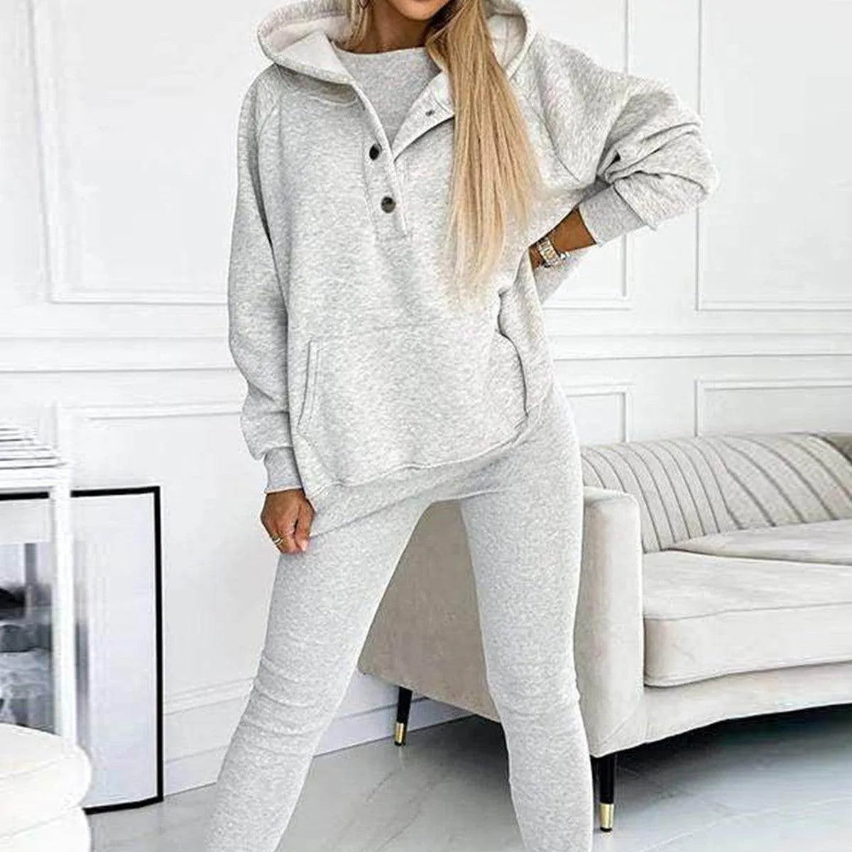 3pcs Women's Sports Suit Loose Hooded Pockets Sweatshirt And Vest And Slim Trousers - Anam Online