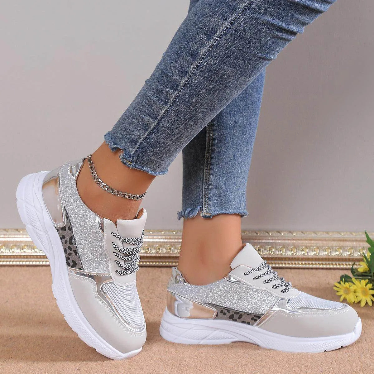 Women Lace Up Sneakers Breathable Mesh Flat Fashion Casual Lightweight Running Sports Shoes - Anam Online