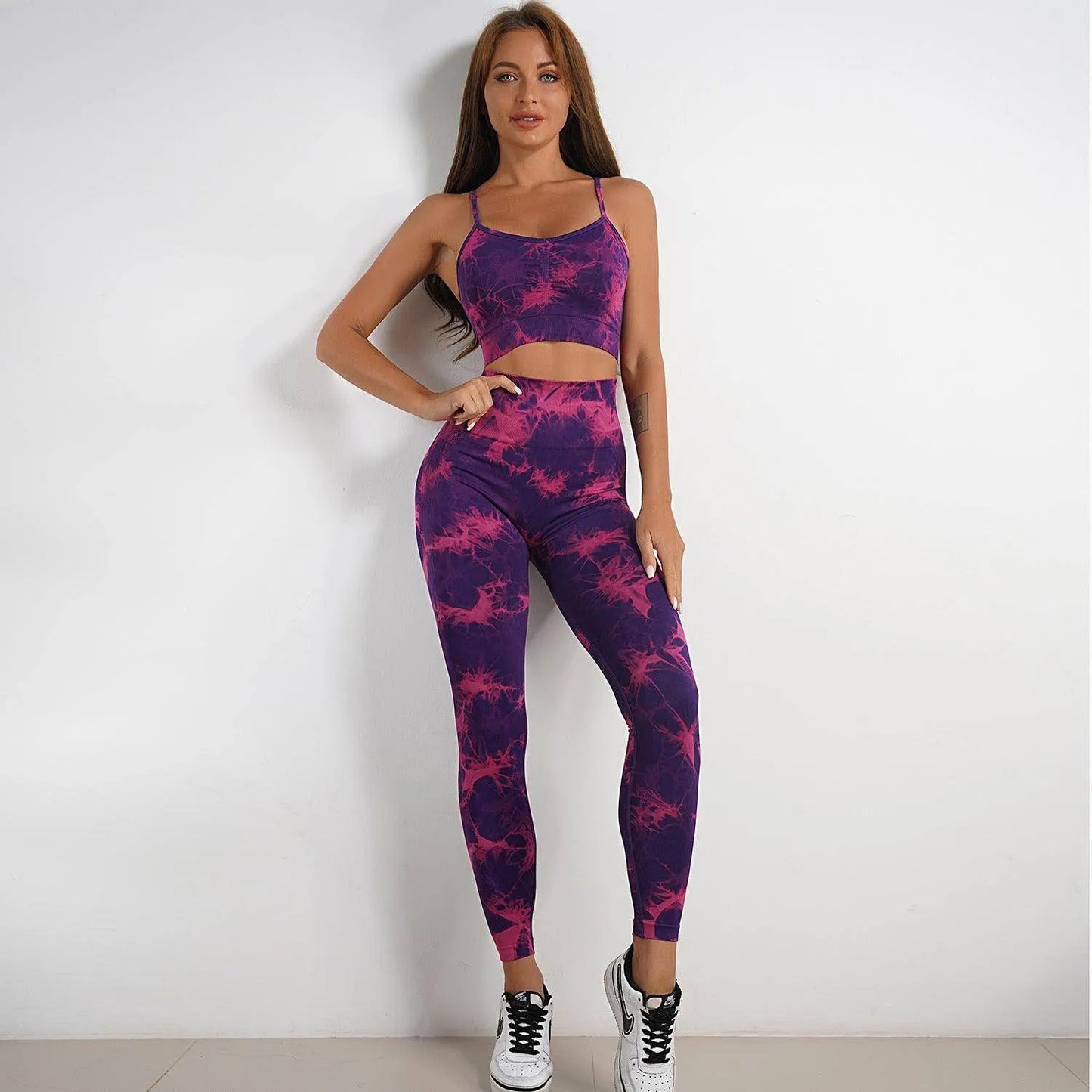 Women Tie-dye Print Yoga Suit Women Fitness Sports High Waist Trousers Or Shorts Set - Anam Online