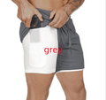 Two pairs of shorts, one gray and one white, with a red 'grey' label.