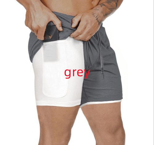 Two pairs of shorts, one gray and one white, with a red 'grey' label.