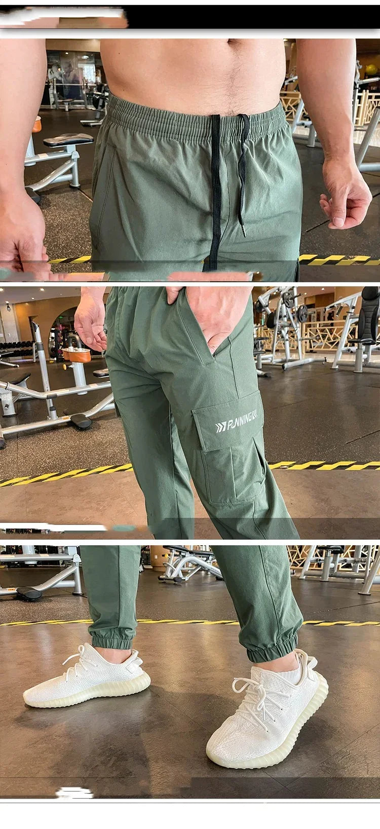 Green athletic pants being modeled in a gym setting