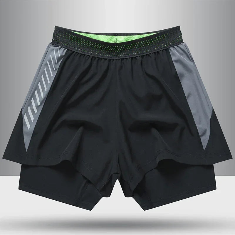 Black and gray athletic shorts with a gray background