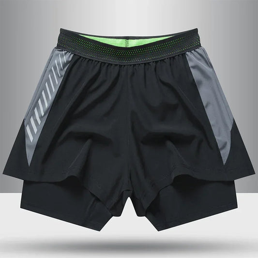 Black and gray athletic shorts with a gray background