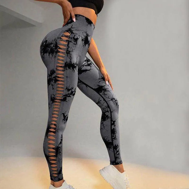 Hollow Tie Dye Printed Yoga Pants High Waist Butt Lift Seamless Sports Gym Fitness Leggings Slim Pants For Women Tight Trousers - Anam Online